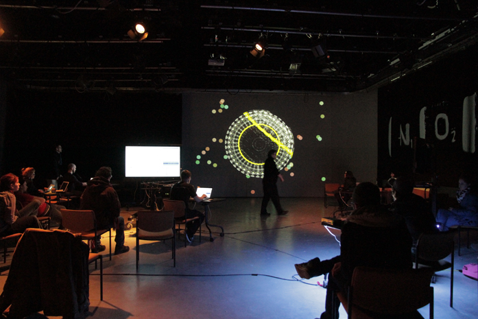 photo by Sigi Torinus of performers and audience members at cycle~ performance