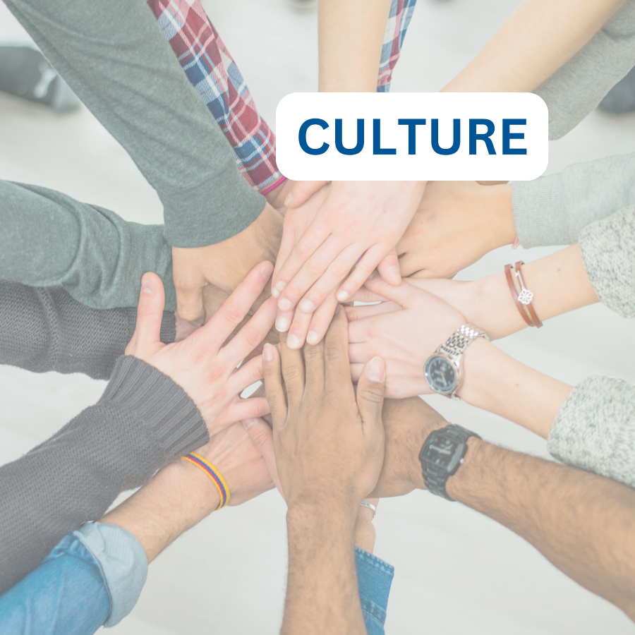 Diverse hands in a hands-in huddle with the word "Culture" overlayed