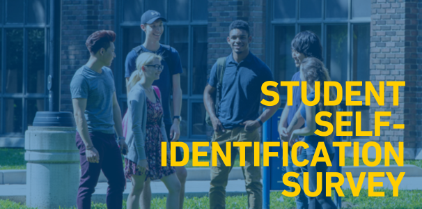 Students standing in front of Dillon Hall with text Student Self-Identification survey