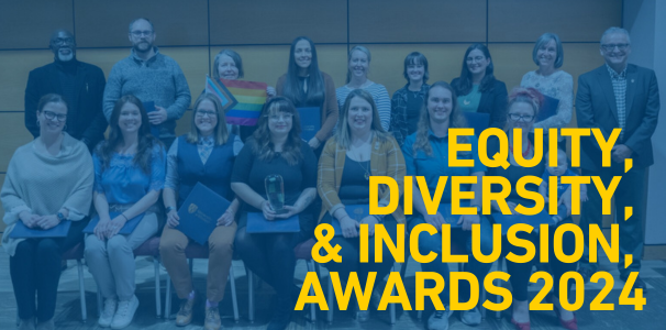 Smiling group of UWin Pride members with text Equity Diversity Inclusion awards 2024
