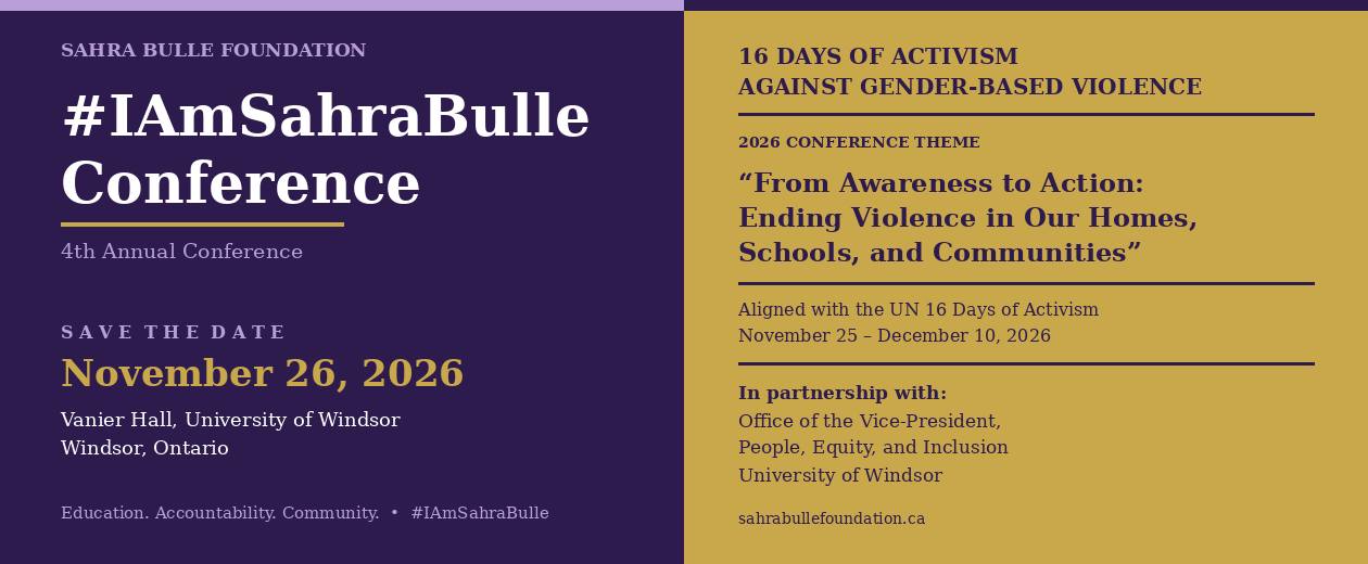 Purple and gold graphic for the 2026 Sahra Bulle Conference