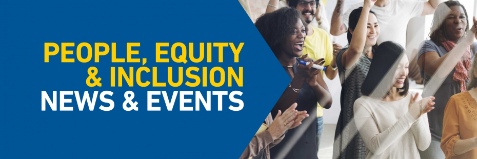 Group of smiling cheering people with banner text People Equity and Inclusion News and Events