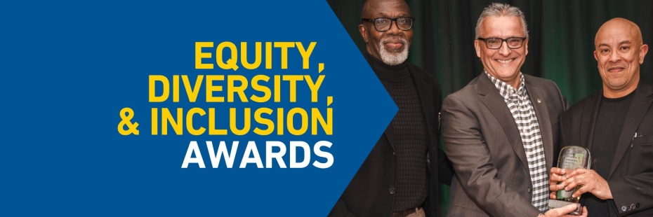Clinton Beckford, Robert Gordon, and Richard Douglass-Chin at the EDI Awards with text Equity Diversity and Inclusion Awards