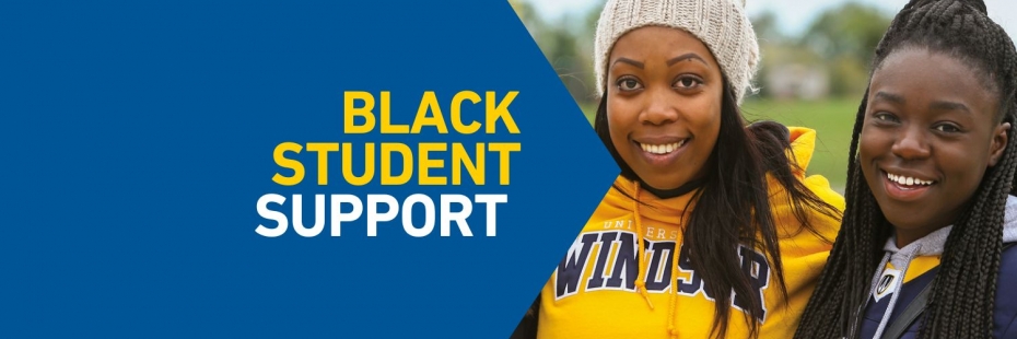 2 Black women smiling with text Black student support