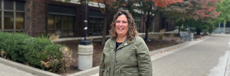 Joyceln standing in front of Dillon Hall